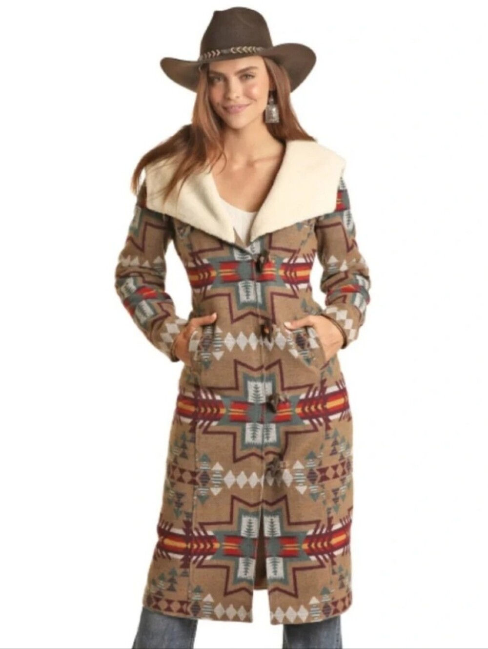 Powder River Outfitters Southwestern Aztec Long Wool Blend   Hooded Coat